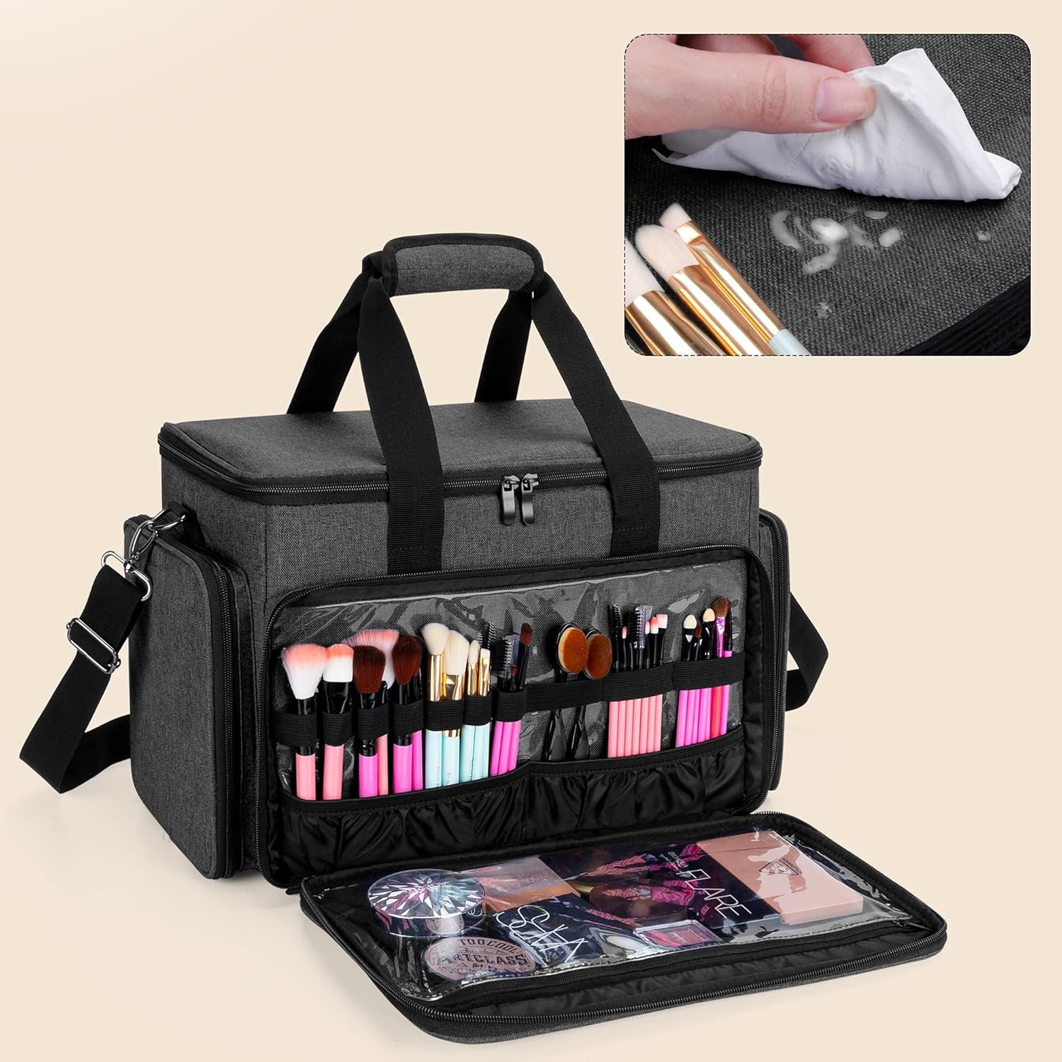 Large Cosmetic Bag Makeup Bag with Adjustable Dividers, Travel Makeup Case Holds Cosmetics and Hair Supplies, Black