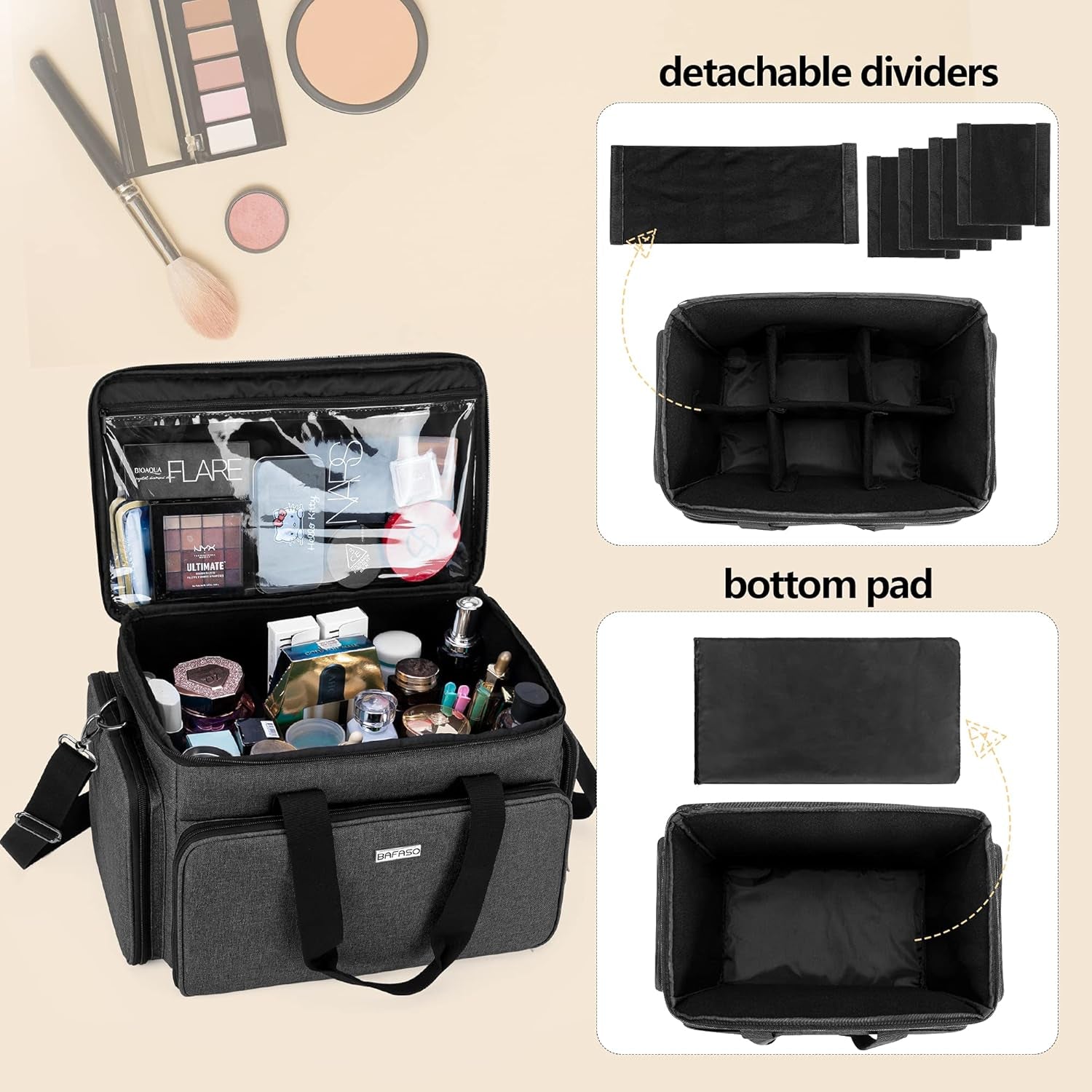 Large Cosmetic Bag Makeup Bag with Adjustable Dividers, Travel Makeup Case Holds Cosmetics and Hair Supplies, Black