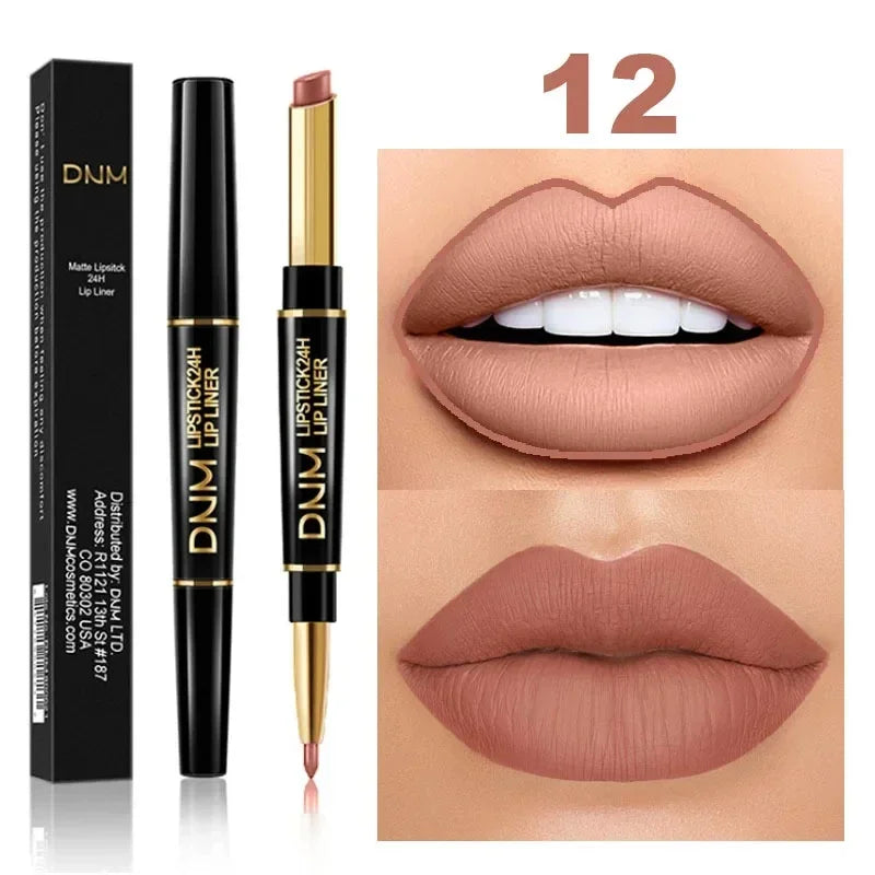 2 in 1 Matte Lipstick Pencil Double Ended Lip Liner Pen Red Nude Long Lasting Waterproof Lady Charming Lip Pencil Makeup Tools