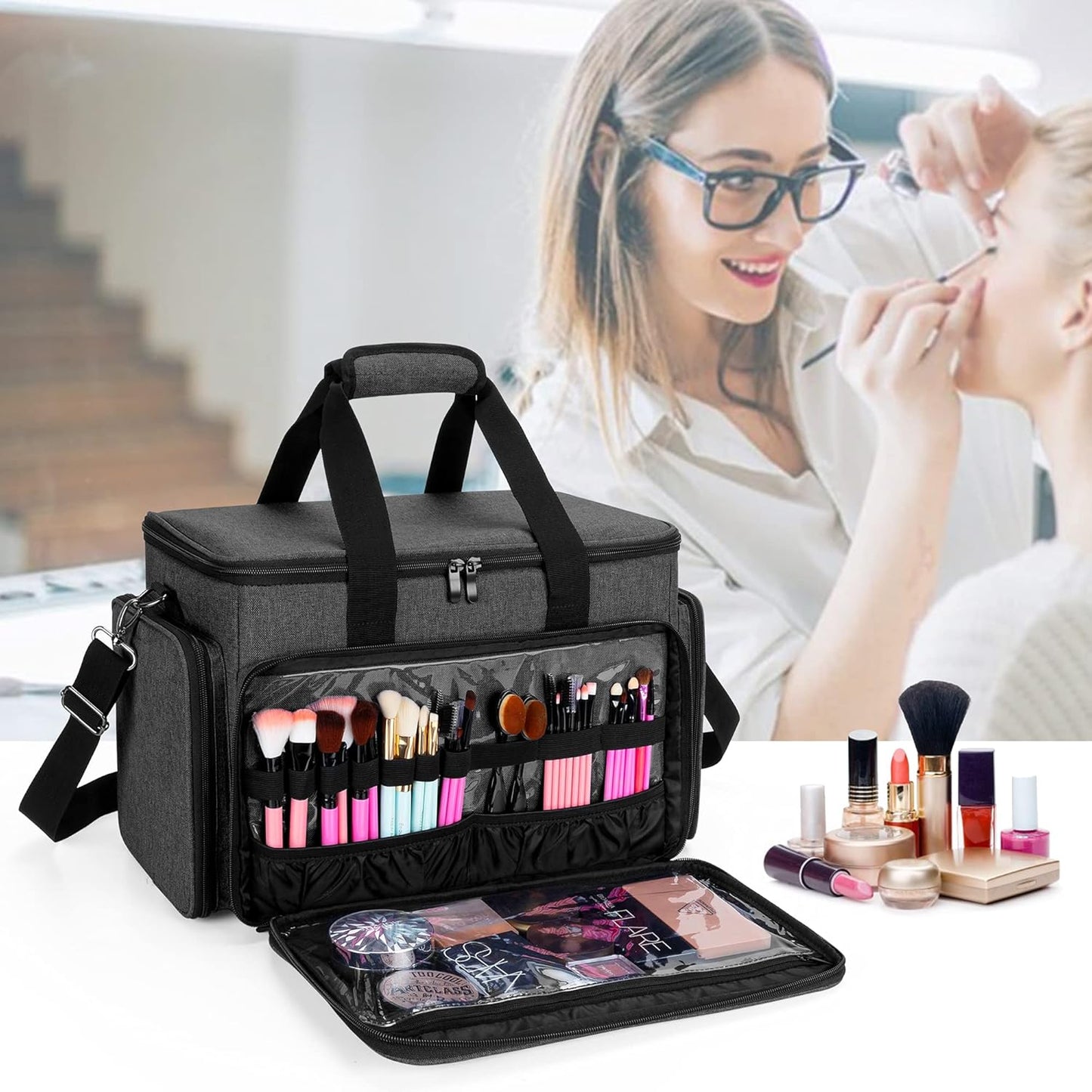 Large Cosmetic Bag Makeup Bag with Adjustable Dividers, Travel Makeup Case Holds Cosmetics and Hair Supplies, Black