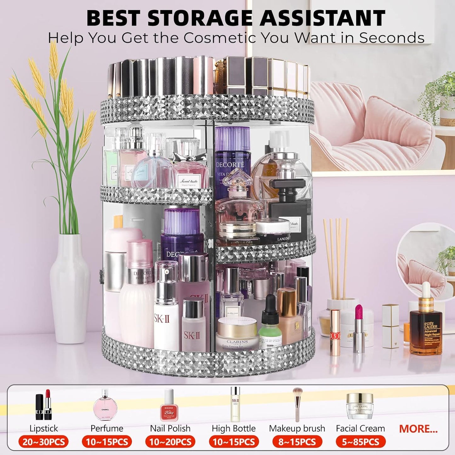 360 Degree Rotating Makeup Organizer, Extra Large Capacity Cosmetic Storage Unit, Removable DIY 7 Layers Skincare Organizer, Acrylic Beauty Perfume Organizer for Vanity Countertop (Gray)